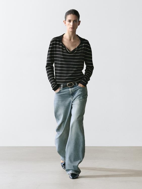 Striped cotton knit polo sweater