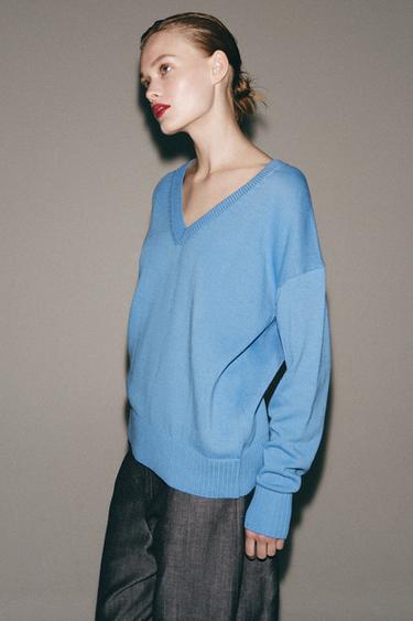 V-NECK KNIT JUMPER - Blue by Zara - Image 3