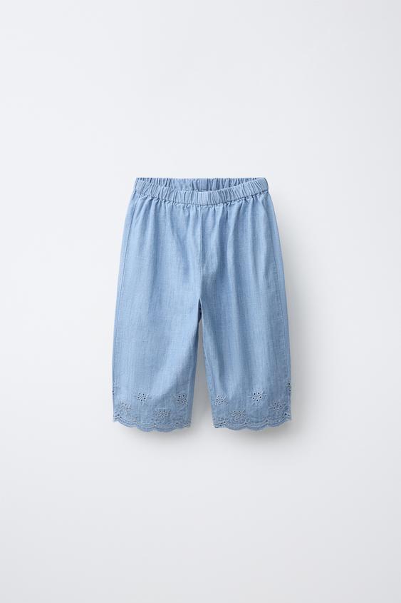 EMBROIDERED DENIM TROUSERS - Mid-blue by Zara - Image 0