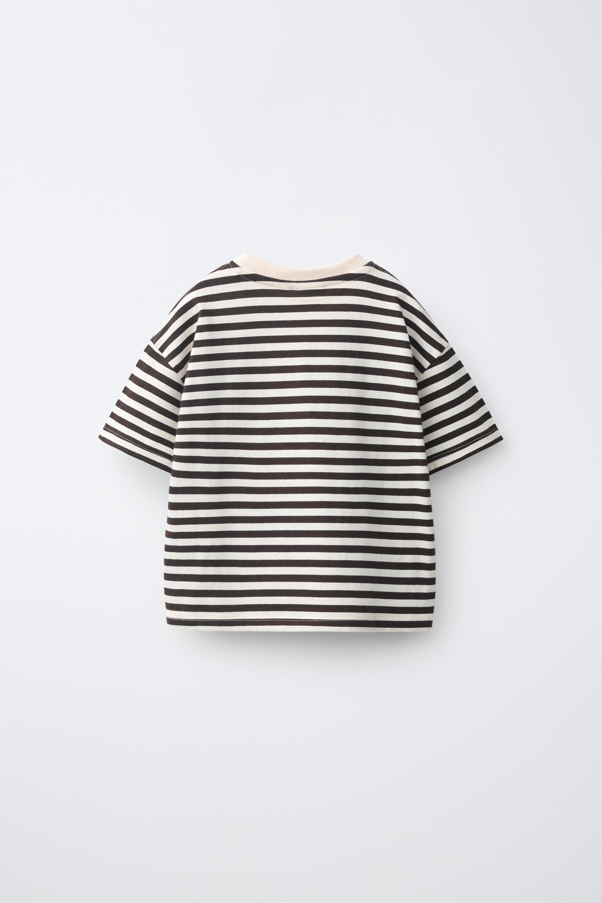 STRIPED FLOCKED LETTER T-SHIRT — Brown / Ecru