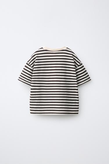 STRIPED FLOCKED LETTER T-SHIRT — Brown / Ecru 2