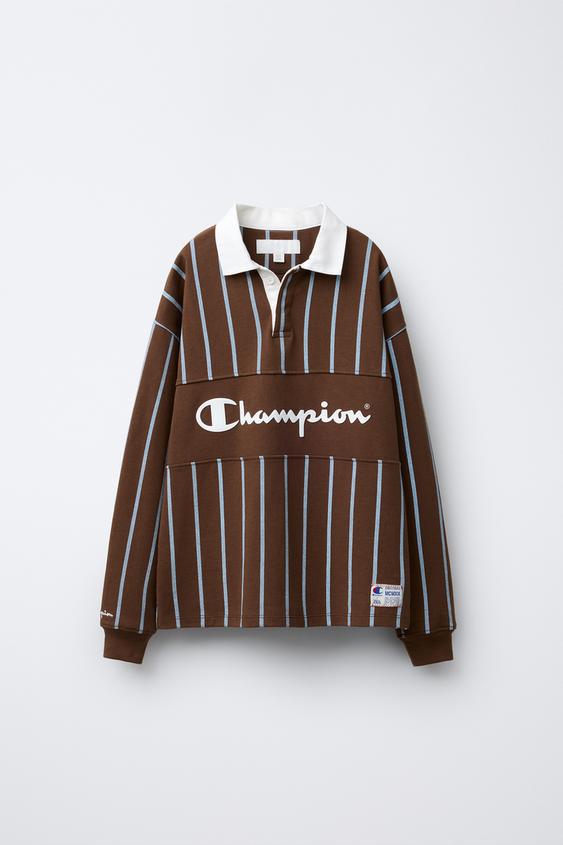 CHAMPION ® X ZARA STRIPED TEXTURED POLO SHIRT Brown ZARA New