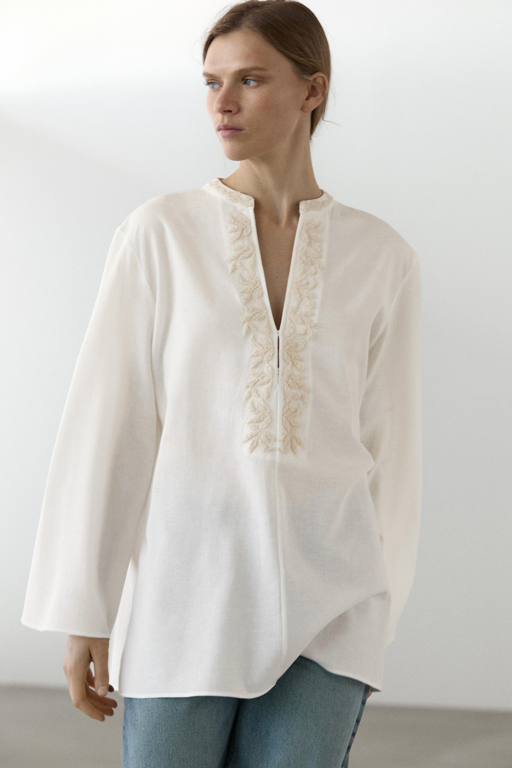 Flowing oversize blouse with stand collar and embroidery — Ecru