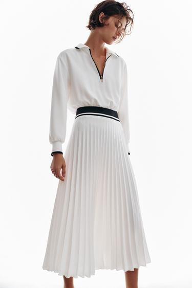Zara COMBINATION PLEATED MIDI DRESS - White