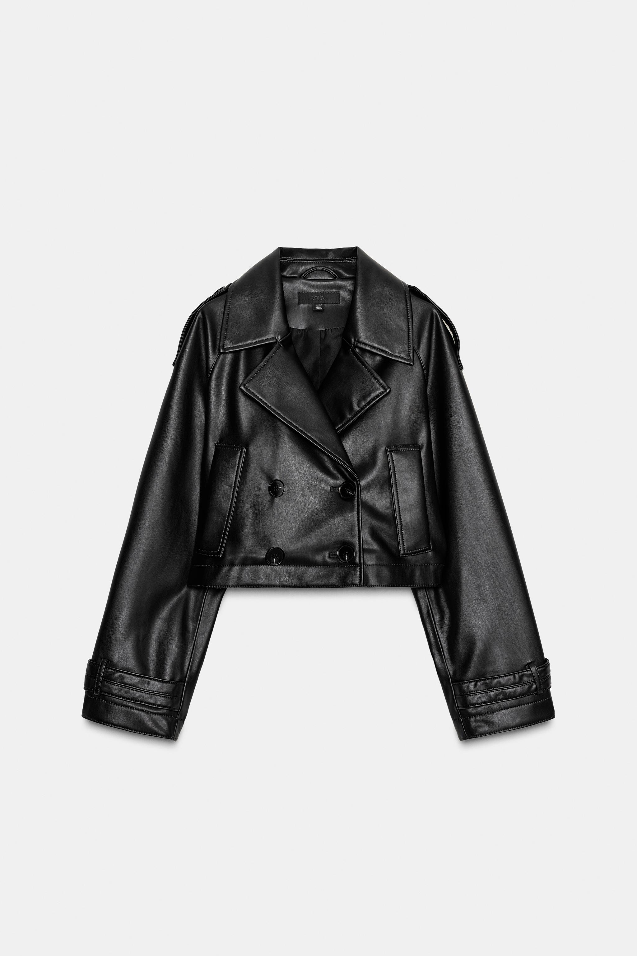 未使用級美品　ザラ　ZARA フェイクレザーシングルトレンチコート　ブラック　M クロップド フェイクレザー トレンチコート ZARA ザラ ブラック