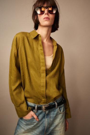 Zara 100% LINEN SHIRT ZW COLLECTION - Olive green