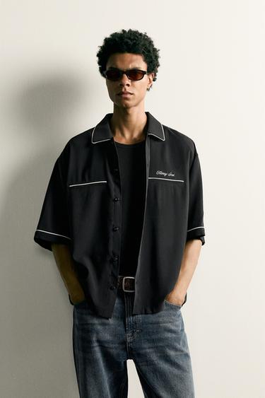 RELAXED FIT CONTRAST EMBROIDERY SHIRT - Black by Zara