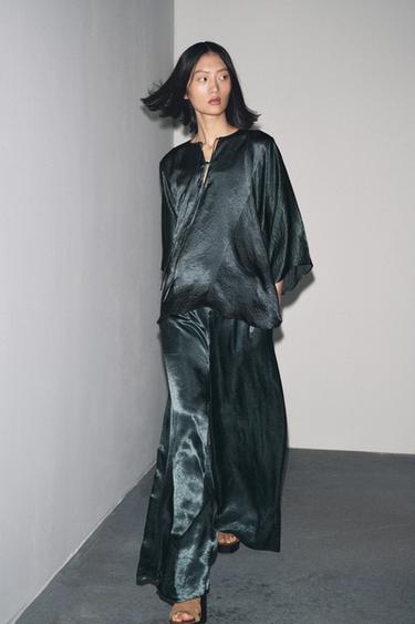 ZW COLLECTION WIDE-LEG SATIN TROUSERS - Green by Zara