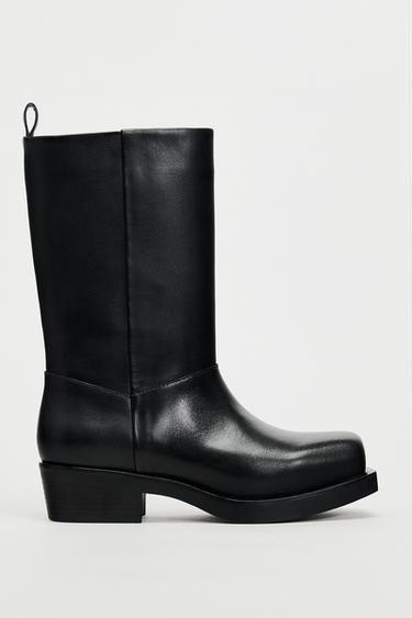 LEATHER SQUARE TOE ANKLE BOOTS - Black by Zara - Image 0