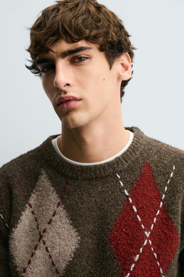 ARGYLE JACQUARD JUMPER - Brown by Zara - Image 5