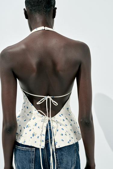 TOP HALTER POPELINE FLEURS - Écru / Bleu de Zara - Image 3