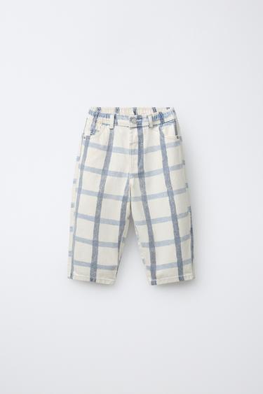 Zara PLAID BAGGY PANTS - Blue / White