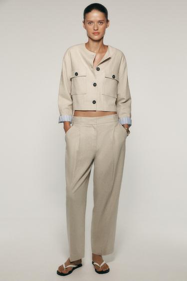 PANTALÓN RECTO CON LINO PINZAS - Beige claro de Zara