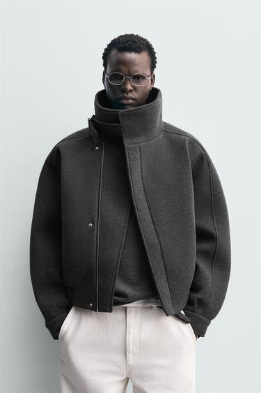 Zara NEOPRENE EFFECT HIGH COLLAR JACKET - Dark gray