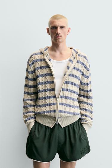 Zara TEXTURED WOVEN HOODIE CARDIGAN - Beige