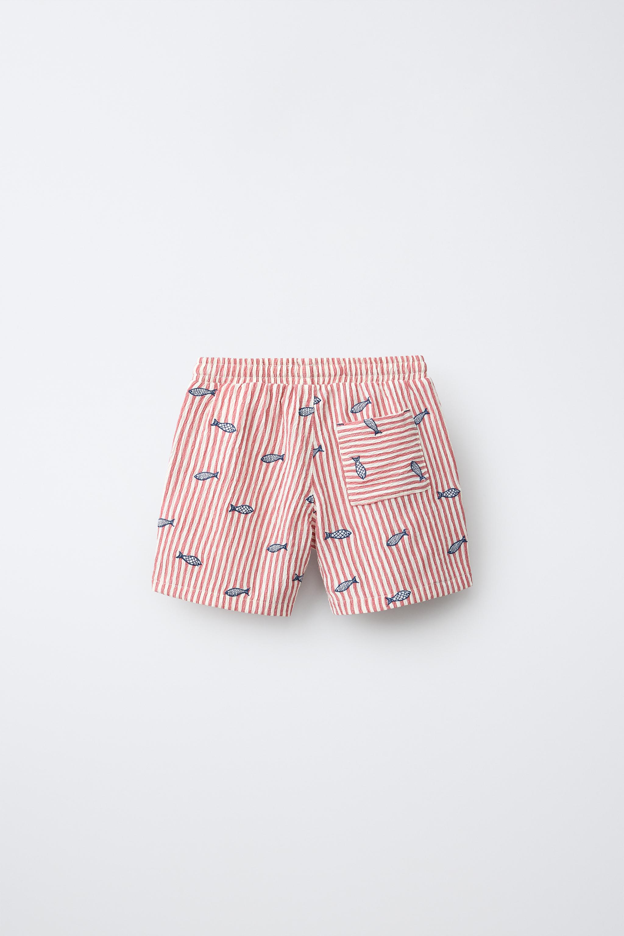 EMBROIDERED FISH SEERSUCKER STRIPED SHORTS