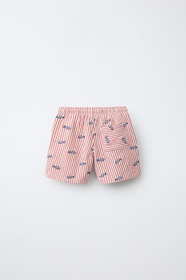 SHORT SEERSUCKER RAYURES BRODERIE POISSONS - Blanc / Rouge de Zara - Image 1