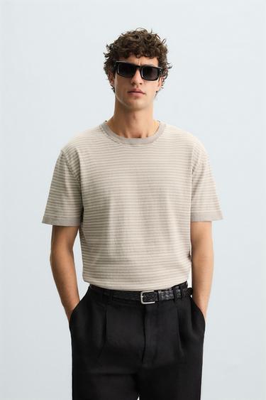 Zara STRIPED COTTON LINEN KNIT T-SHIRT - Gray / Beige