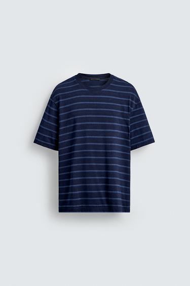 Zara JACQUARD STRIPED T-SHIRT - Blue / Indigo
