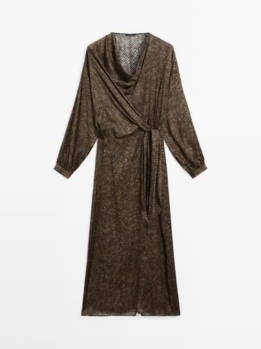 Zara Long flowing printed dress with knot detail - Brown / White