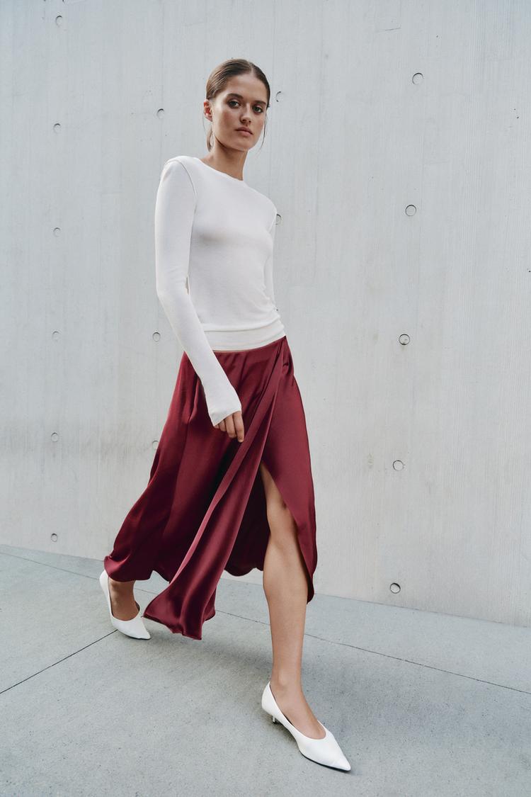SATIN WRAP MIDI SKIRT — Burgundy