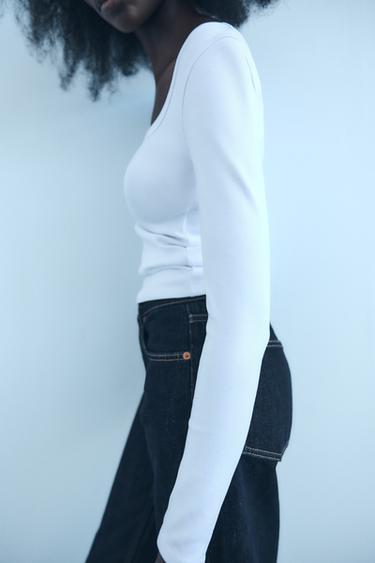 RIB LONG SLEEVE T-SHIRT - White by Zara - Image 3
