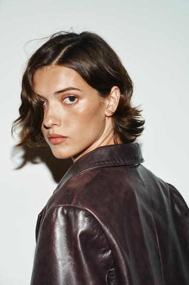 100% LEATHER STITCHED COAT - Burgundy by Zara - Image 2