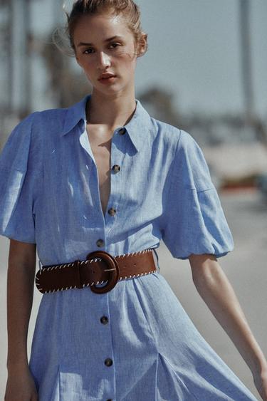 ROBE MI-LONGUE AVEC CEINTURE EN LIN - Bleu de Zara - Image 2