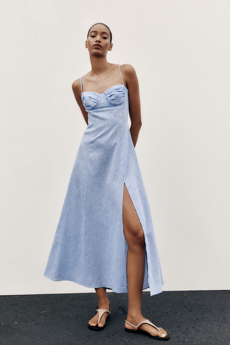 blue linen dress zara Zara (France) Linen Blend Gathered Midi Dress , 39.95