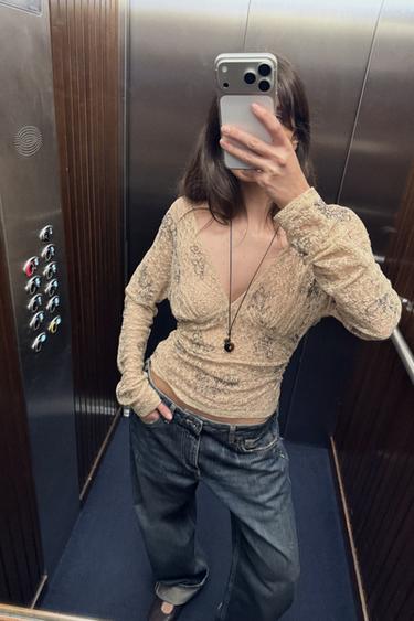 Zara BEADED EMBROIDERED TOP - Beige