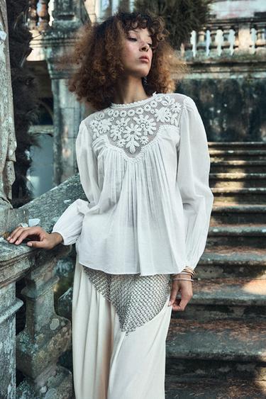 Zara MESH COMBINATION TOP ZW COLLECTION - Ecru