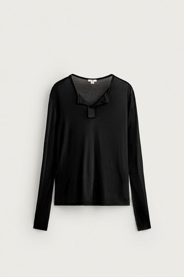 FLOWING HENLEY NECK T-SHIRT - Black by Zara