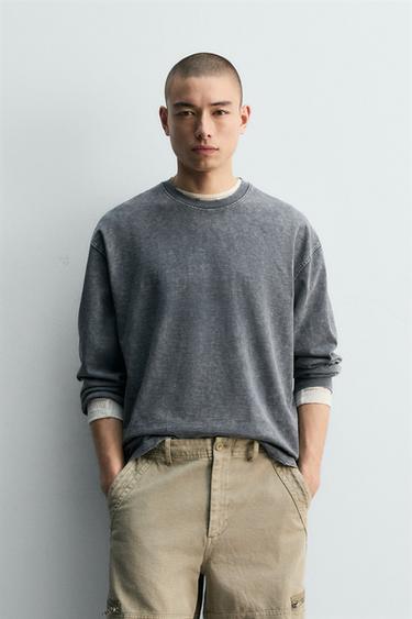 Zara RIPPED EFFECT STRUCTURED T-SHIRT - Dark anthracite