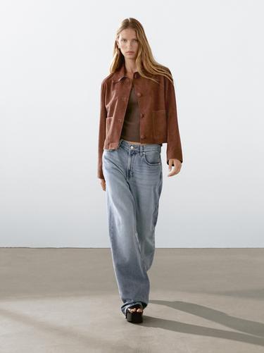 Zara Cropped suede leather-lined jacket with buttons - Brown