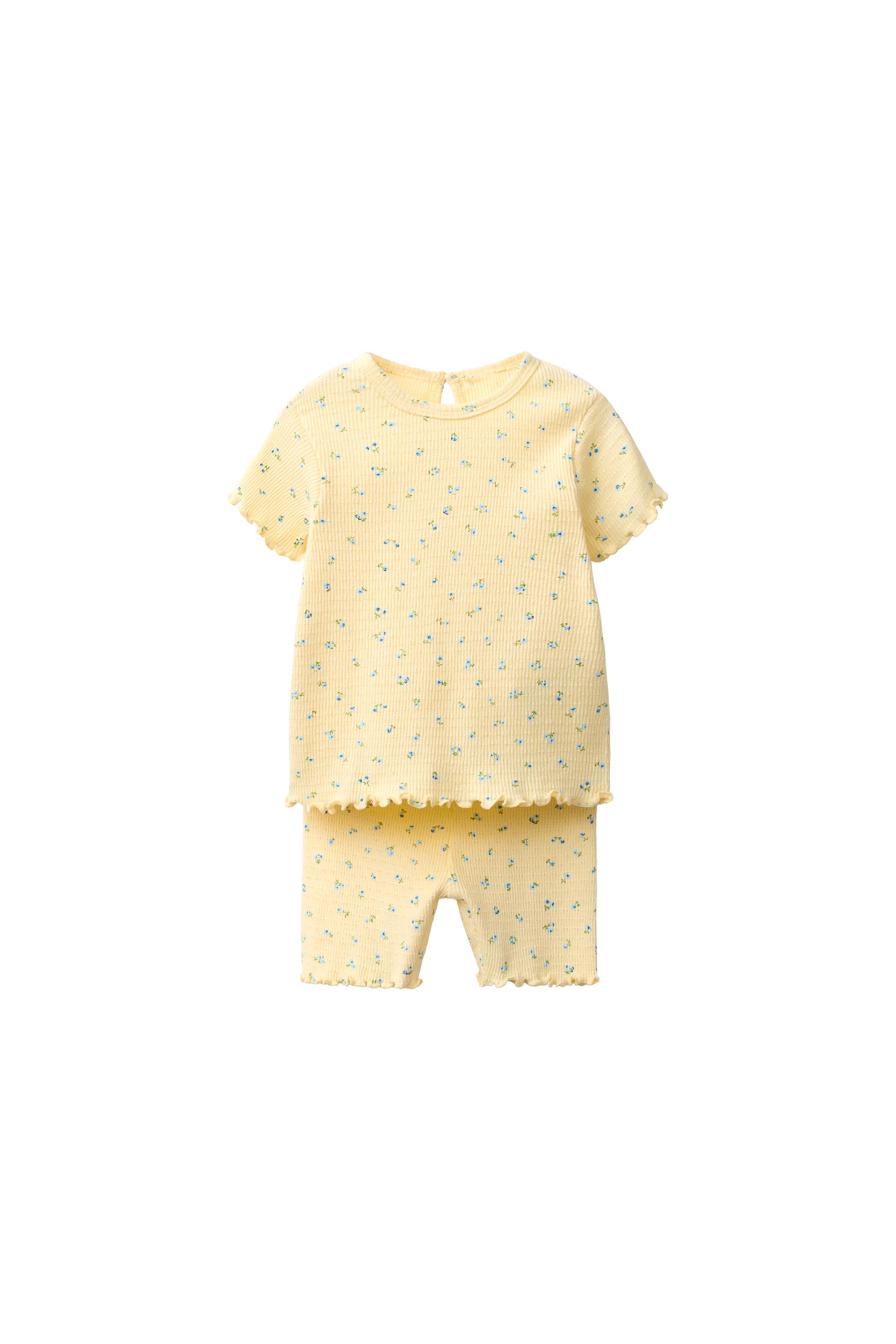 RIBBED FLORAL T-SHIRT AND CYCLING LEGGINGS SET - Light yellow
