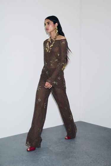 DRAPED TULLE TOP WITH BEADED EMBROIDERY - Brown by Zara