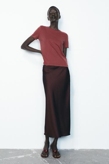 Zara SATIN MIDI SKIRT - Burgundy