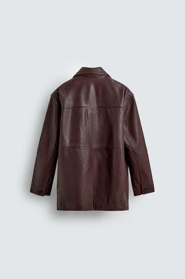 Zara TEXTURED LEATHER JACKET - Burgundy