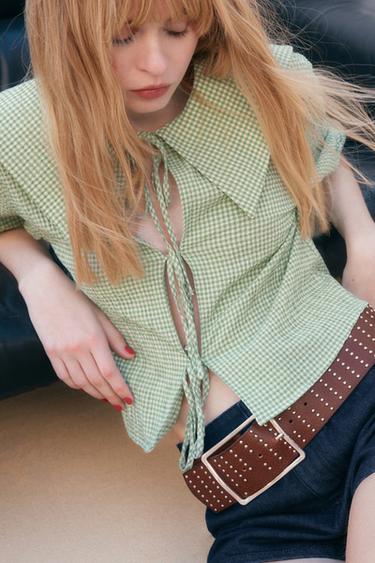 Zara GINGHAM CROP SHIRT - Green / Ecru - Image 0