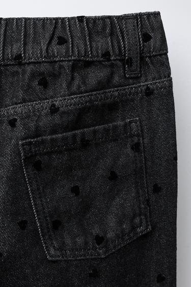 WIDE-LEG JEANS WITH FLOCKED HEARTS - Black by Zara - Image 3