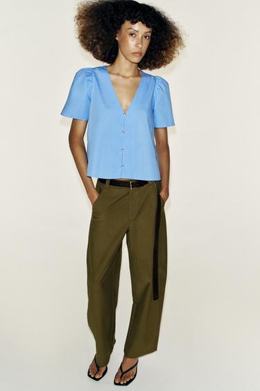 POPLIN TOP WITH FAUX PEARL BUTTONS - Sky blue by Zara