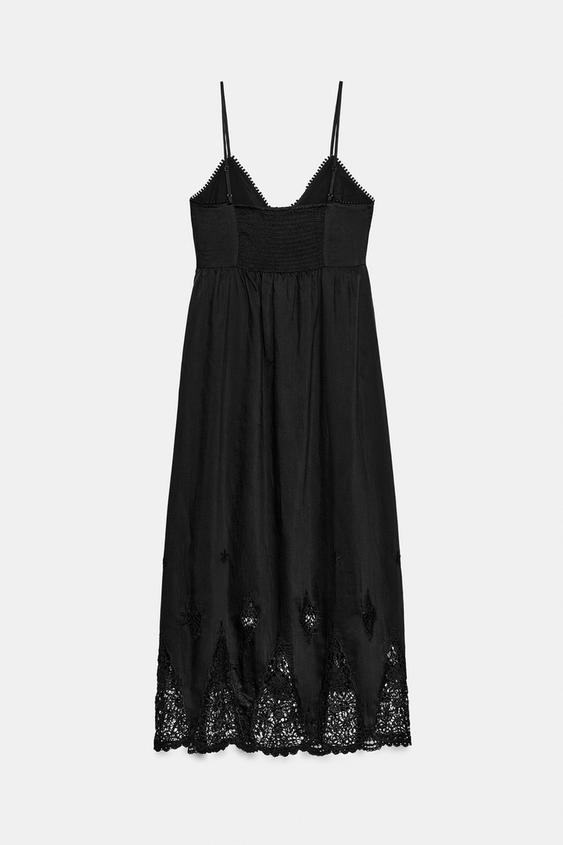 zara black embroidered midi dress Zara Black Ref# 7969/048 Cotton Poplin Embroidered Midi Long Casual Maxi Dress by ZARA
