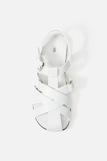Zara FLAT LEATHER FISHERMAN SANDALS - White
