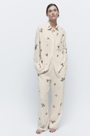JEWELLED LINEN TROUSERS - Oyster-white by Zara - Image 0