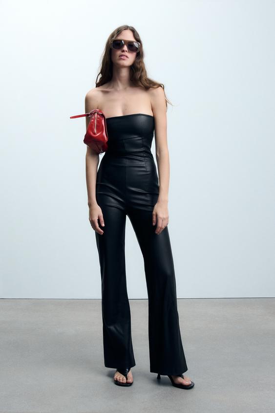 Zara FAUX LEATHER LONG JUMPSUIT