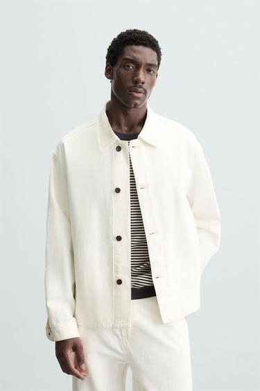 Zara HERRINGBONE BOXY FIT DENIM OVERSHIRT - Ecru