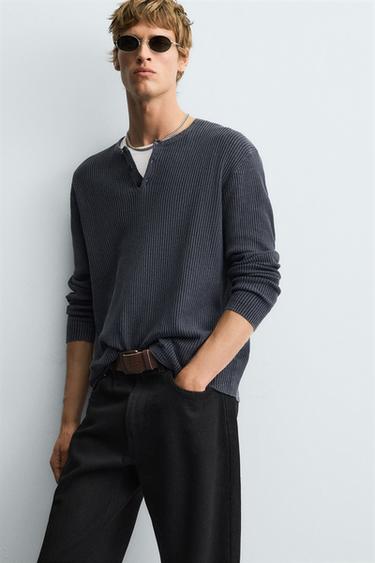 PULL COL BOUTONNÉ DÉLAVÉ - Indigo de Zara - Image 5