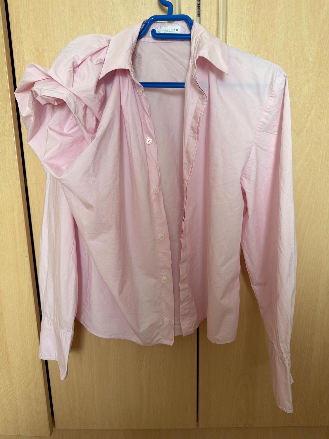 Light pink, long-sleeved shirt hanging on a blue hanger in front of a light wood wardrobe.