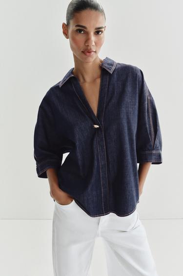 Zara Z1975 GOLD APPLIQUÉ DENIM SHIRT - Blue