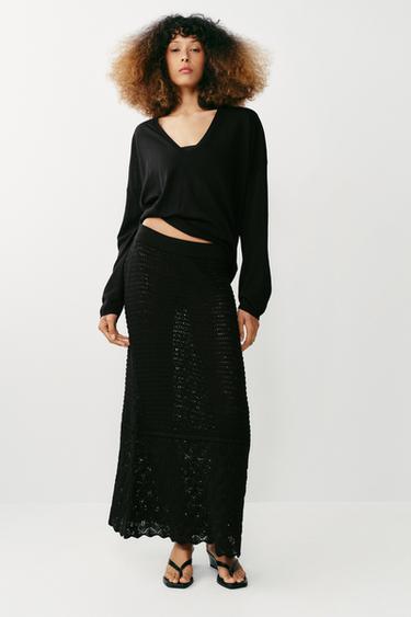 Zara POINTELLE KNIT LONG SKIRT - Black - Image 0